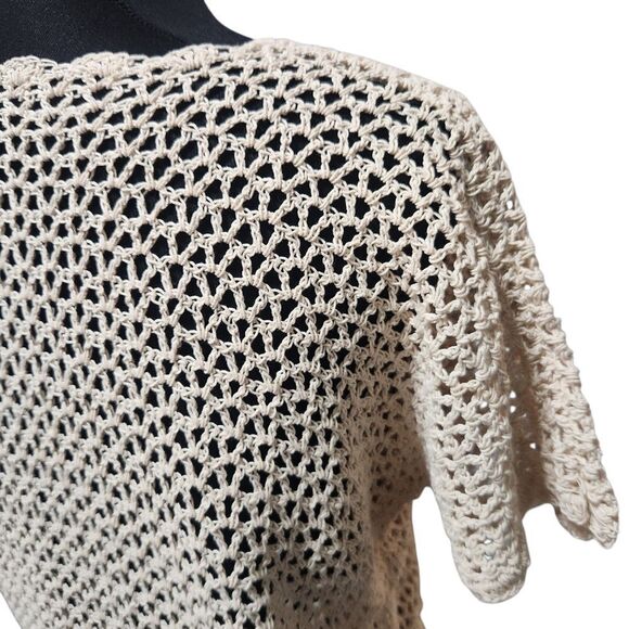 Vintage Crochet Shirt S M Cardigan Ecru V Neck Doily Scallop Loose Weave - Picture 9 of 9